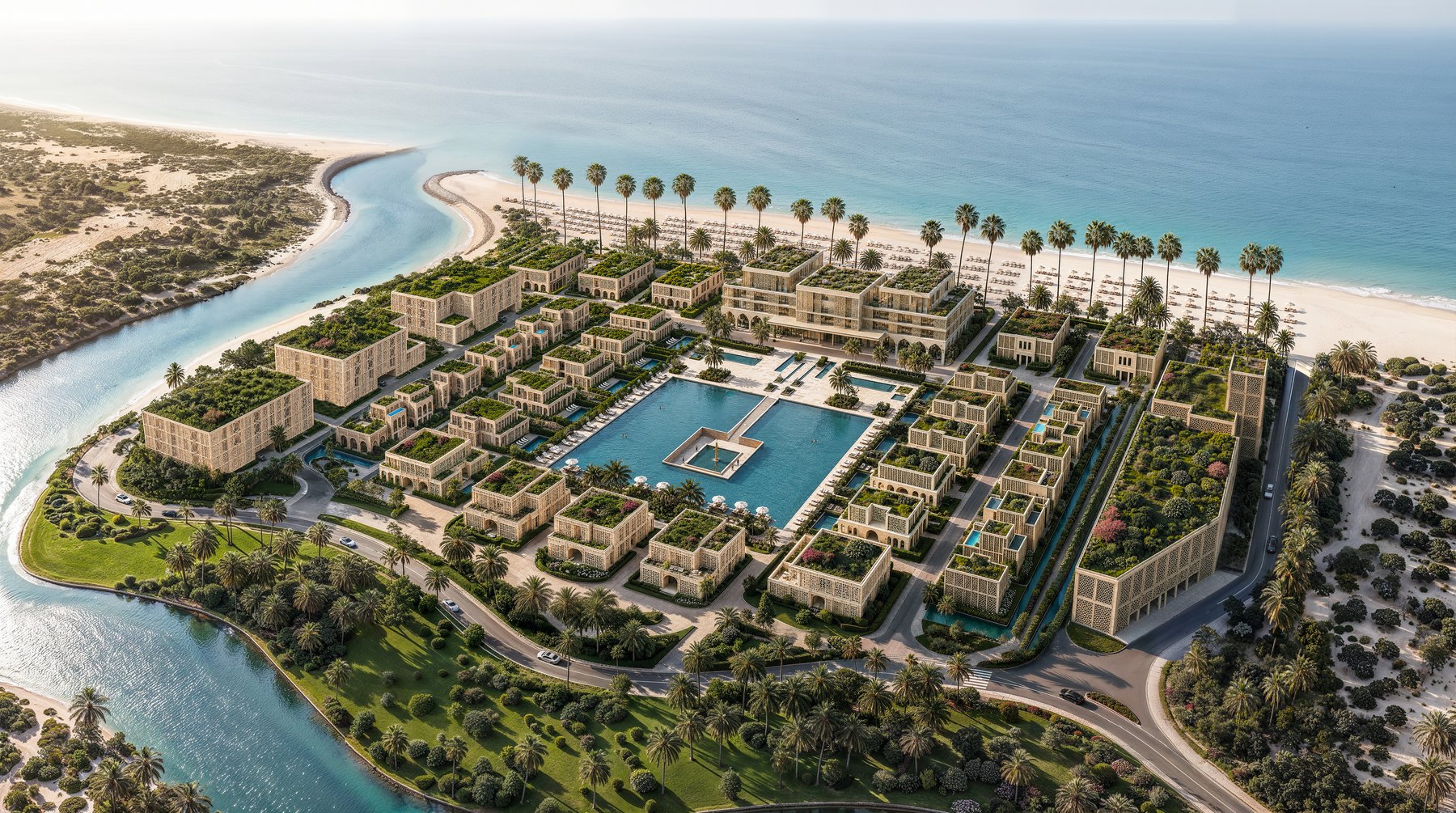The central swimming pool and shoreline within the master plan