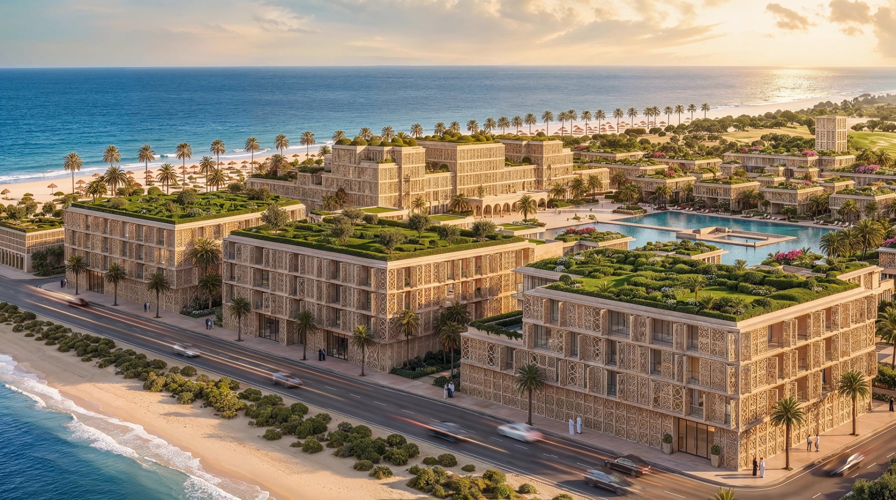 Branded residences at Mira Ocean Estates behind mashrabiya screens, above the coast road at sunset