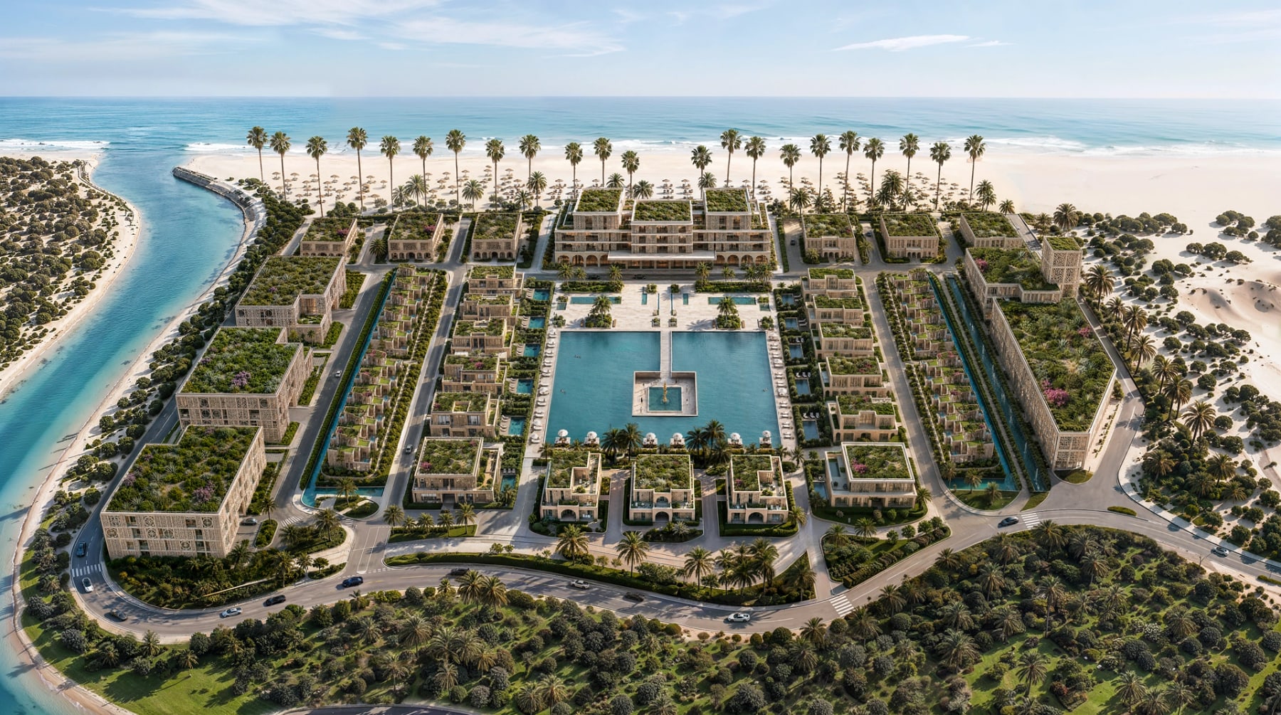 Mira Ocean Estates seen from the Arabian Sea, its beach in the foreground