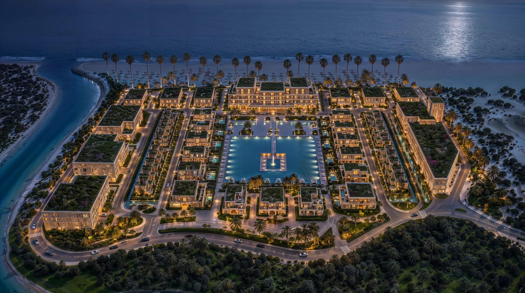 Mira Ocean Estates within Hawana Salalah, lit at dusk