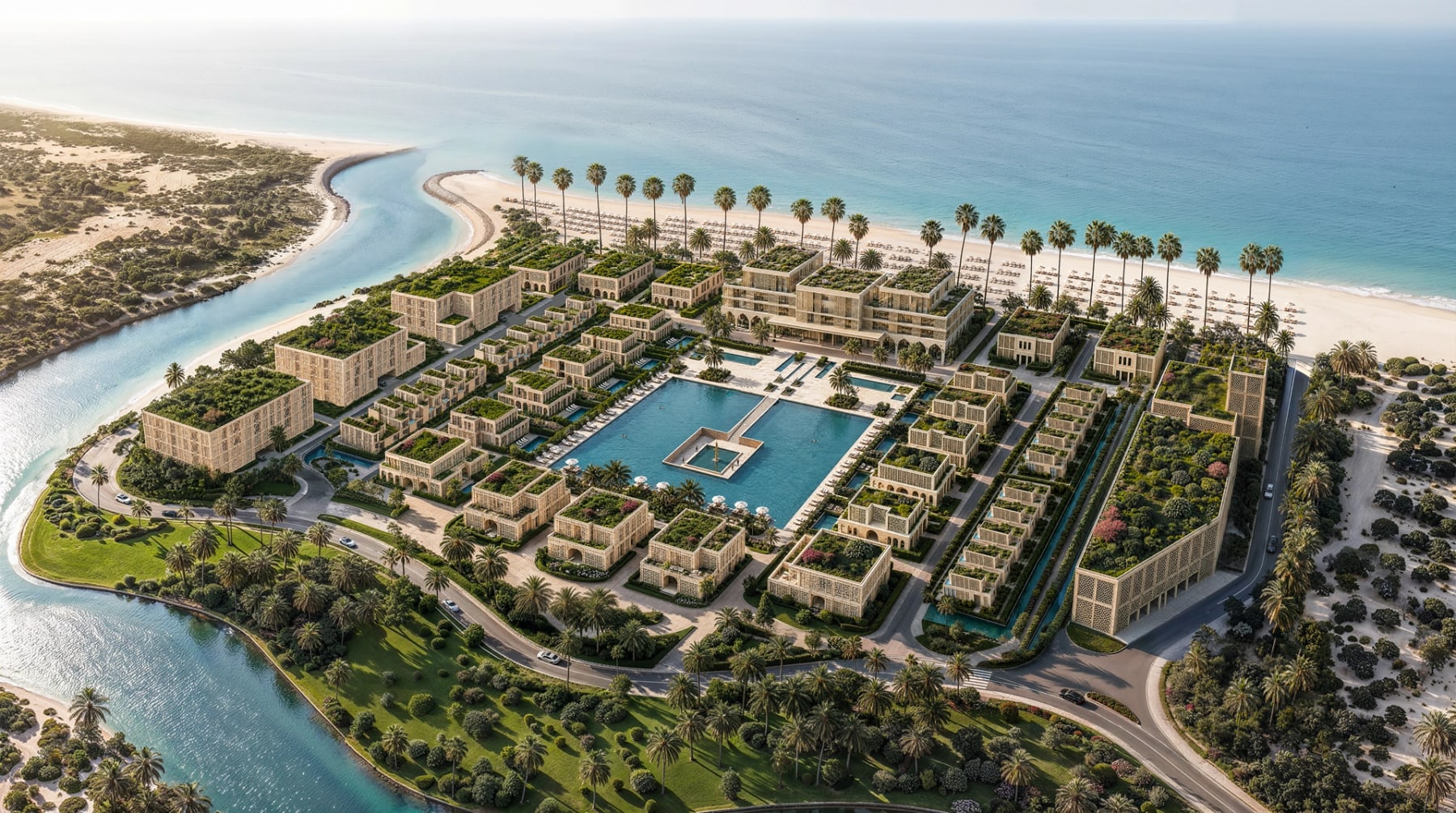 The central swimming pool and shoreline at Mira Ocean Estates